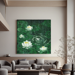 White Lotus Oil Painting, Green Rain Pond Floral Wall Art for Living Room Decor#OA 0606