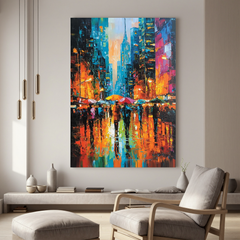 Colorful Rainy City Street Oil Painting, Abstract Urban Wall Art for Living Room Decor#OA 0528