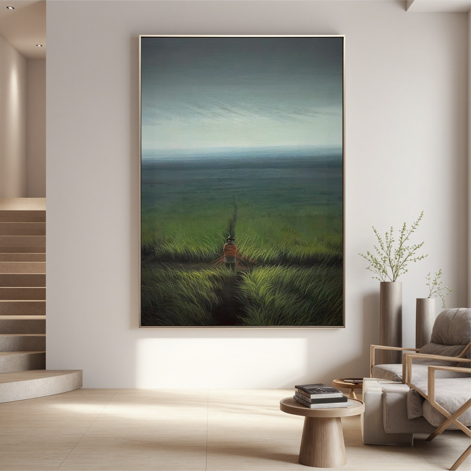 Lonely Figure Landscape Oil Painting, Misty Grassland Wall Art for Living Room Decor#OA 0623