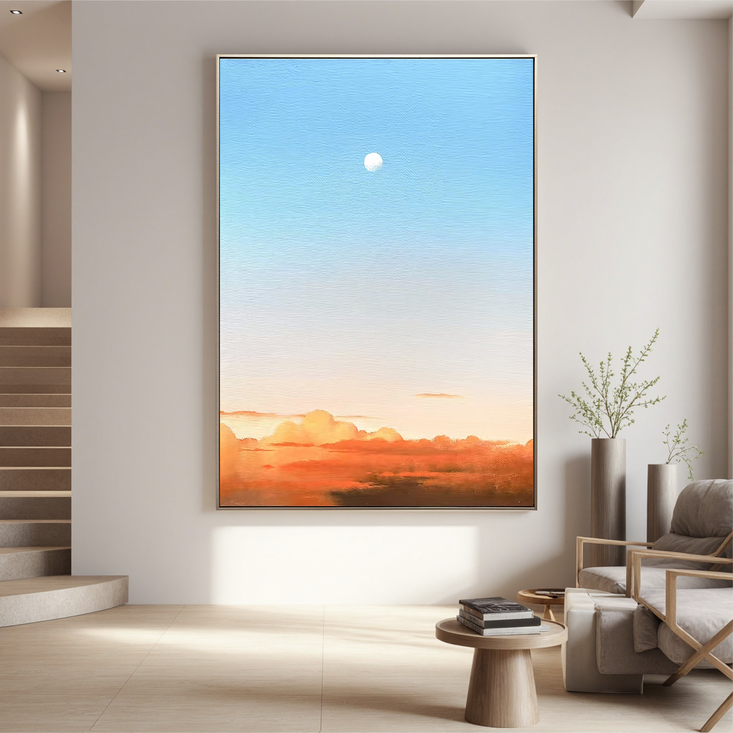 Minimalist Moon and Sunset Sky Wall Art, Serene Gradient Cloud Landscape Canvas Painting for Modern Living Room Decor #OA 0772