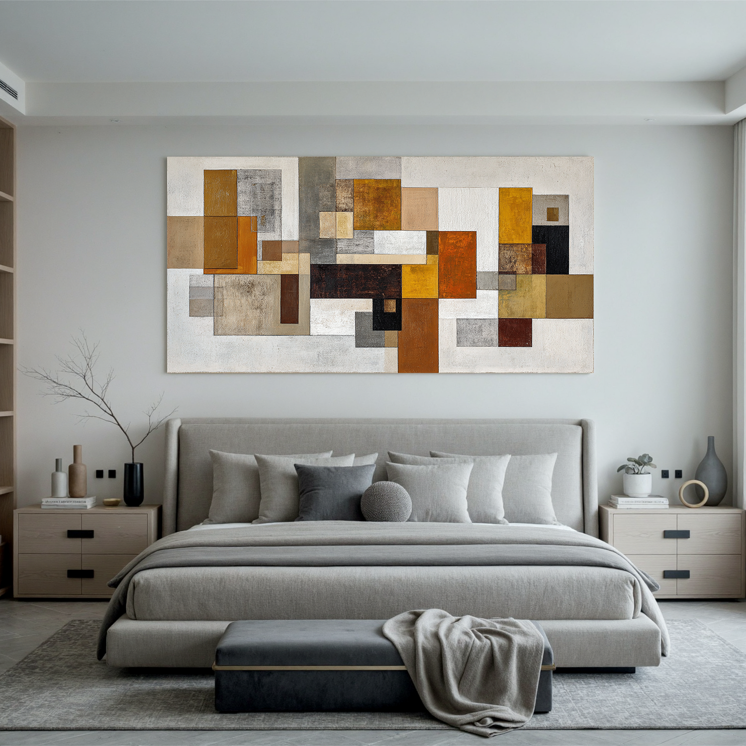 Mid Century Modern Geometric Abstract Canvas Wall Art – Large Horizontal Neutral Beige and Mustard Yellow Painting for Living Room Decor#OA 0866