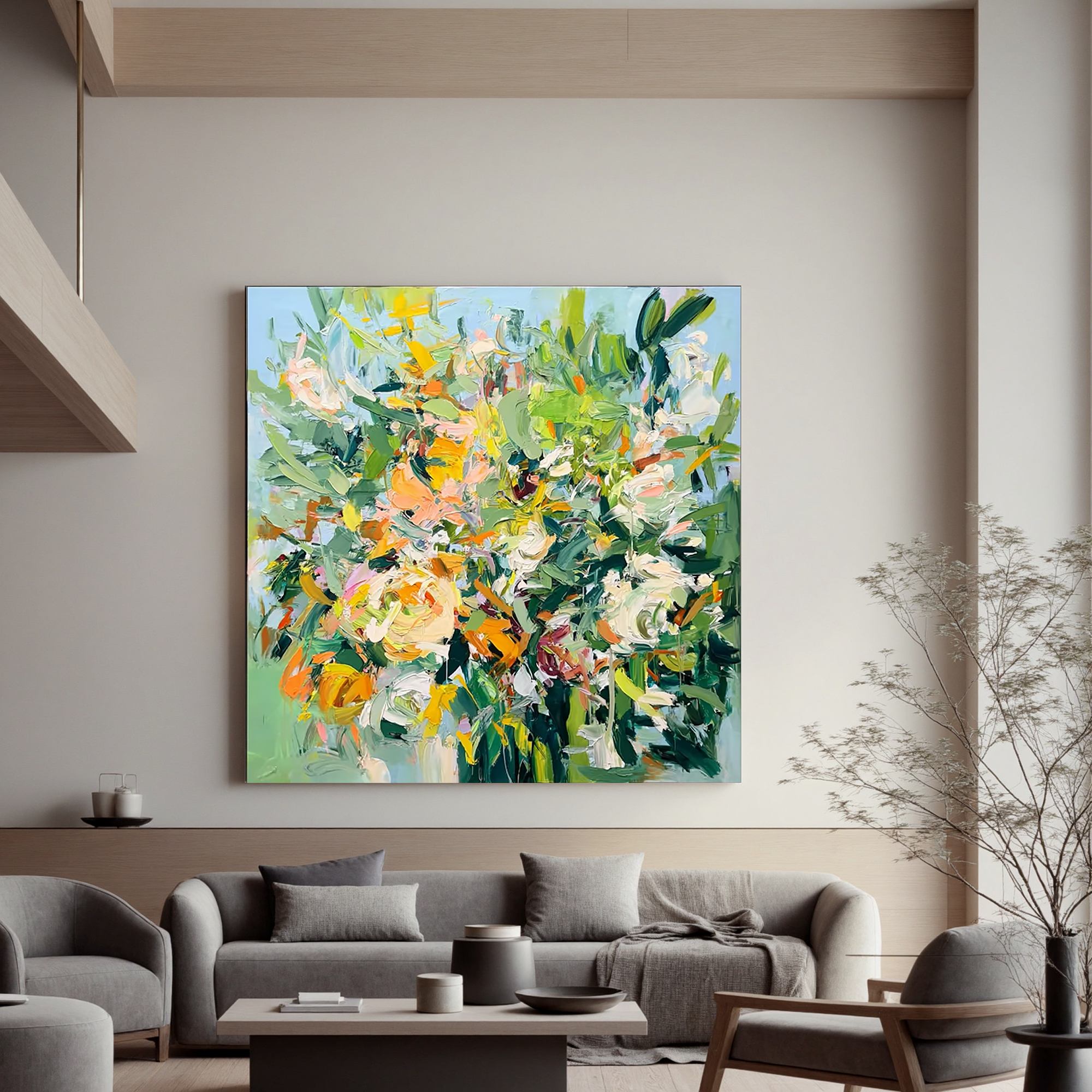 Colorful Abstract Floral Wall Art, Green and Pink Flower Canvas Painting for Living Room Décor #OA 0406