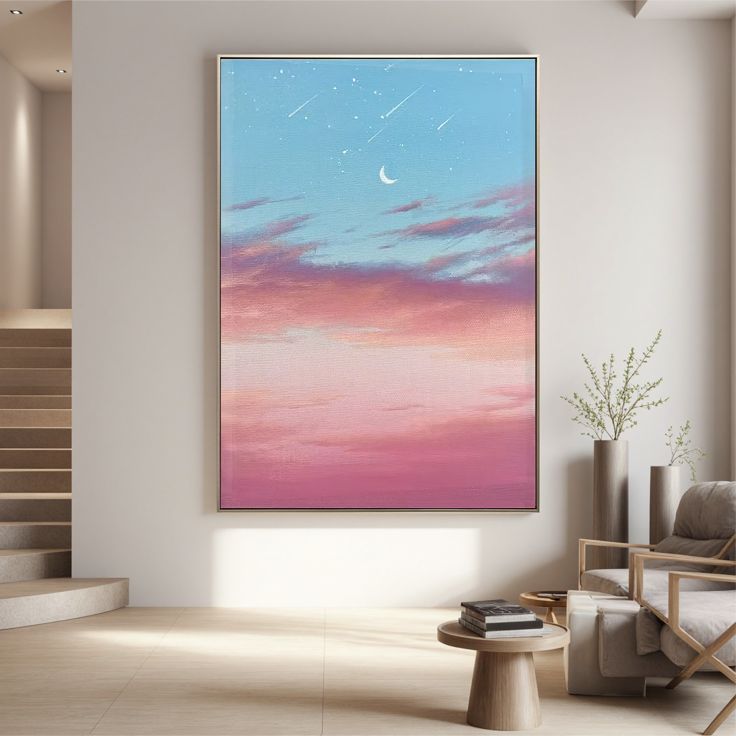 Dreamy Crescent Moon and Shooting Stars Wall Art, Pink Blue Sky Canvas Painting, Romantic Celestial Decor for Bedroom #OA 0786