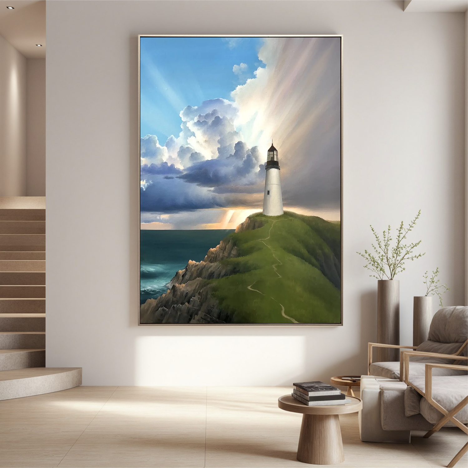 Coastal Lighthouse Wall Art, Dramatic Seascape Canvas Painting with Sun Rays for Living Room Decor #OA 0762