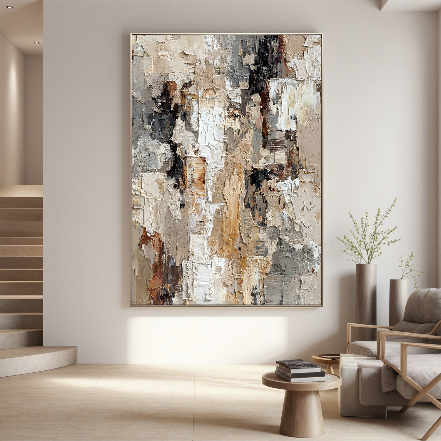 “Neutral Textured Abstract Wall Art – Beige Gray Modern Canvas Painting for Living Room Decor”#OA 825