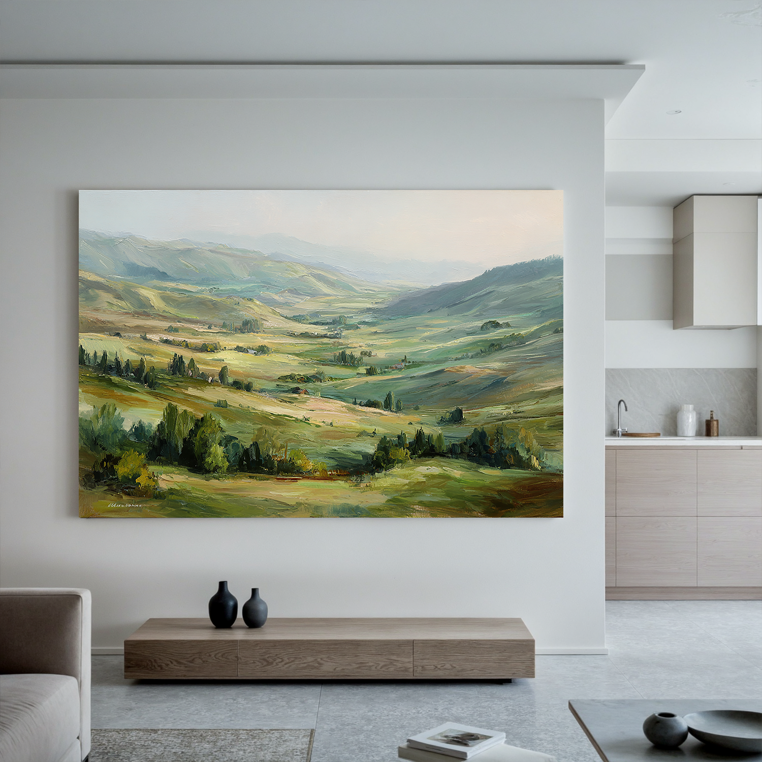 Large Rolling Hills Landscape Oil Painting – Scenic Green Valley Canvas Wall Art#OA 0893