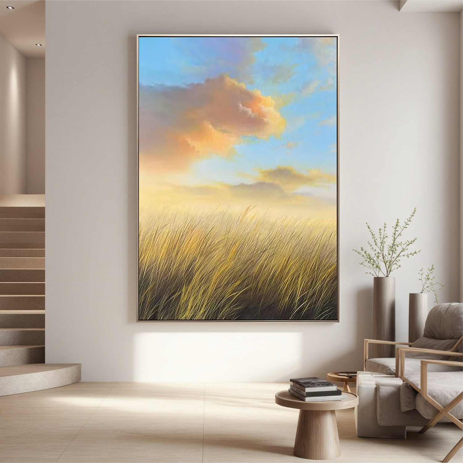 Golden Meadow Landscape Wall Art – Serene Sunrise Field Canvas Painting for Living Room Decor #OA 0800