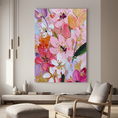 Pink Floral Oil Painting, Textured Flower Wall Art with Gold Accents for Living Room Decor#OA 0579