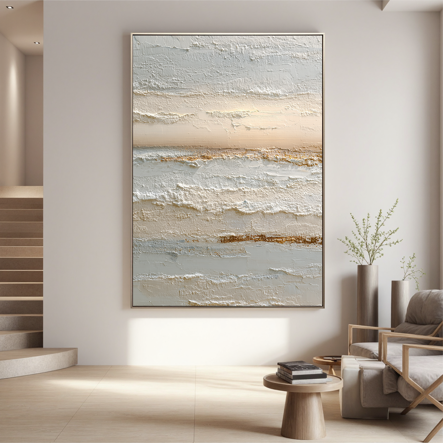 Neutral Abstract Canvas Wall Art – Textured Minimalist Painting in Cream and Beige for Living Room Decor#OA 0856