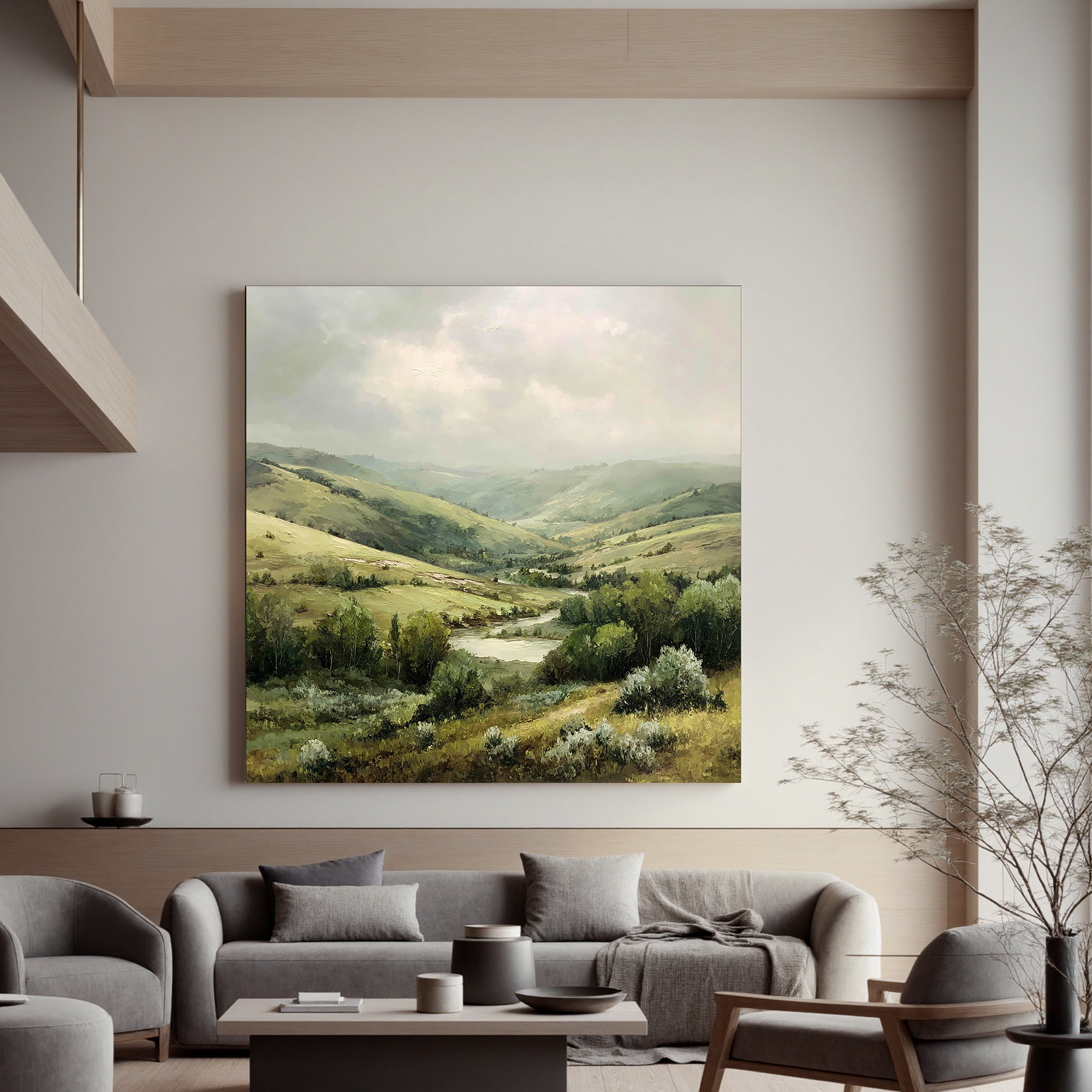 Serene Valley Landscape Canvas Wall Art – Rolling Hills River Nature Painting for Living Room Decor#OA 0868
