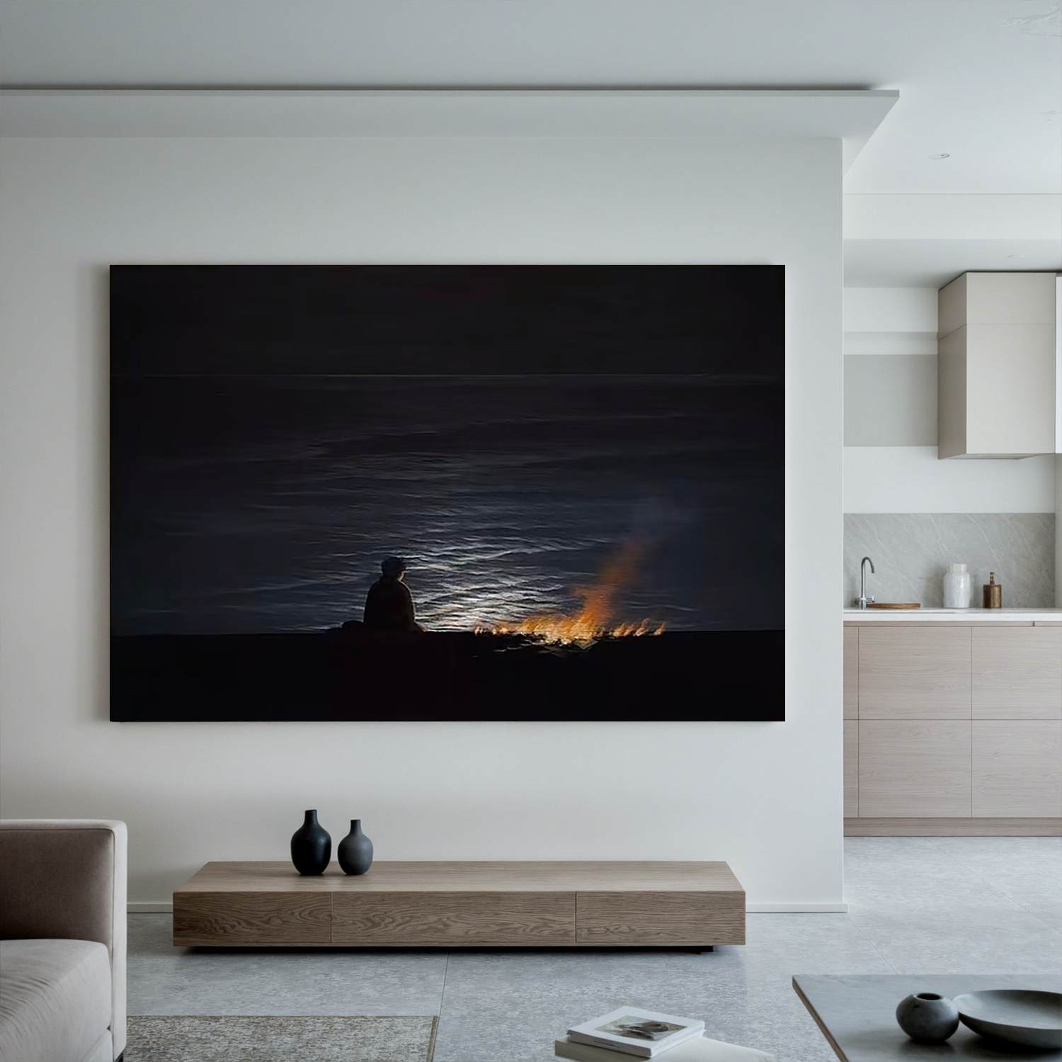 Moonlit Seascape Wall Art, Solitary Figure by Bonfire at Night Ocean Canvas Painting for Living Room Decor #OA 0730