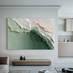 Minimalist Coastal Textured Wall Art – Sage Green Abstract Ocean Canvas Painting for Modern Living Room Decor #OA 0436