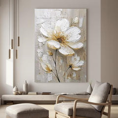 White Floral Oil Painting, Textured Gold Flower Wall Art for Living Room Decor#OA 0584
