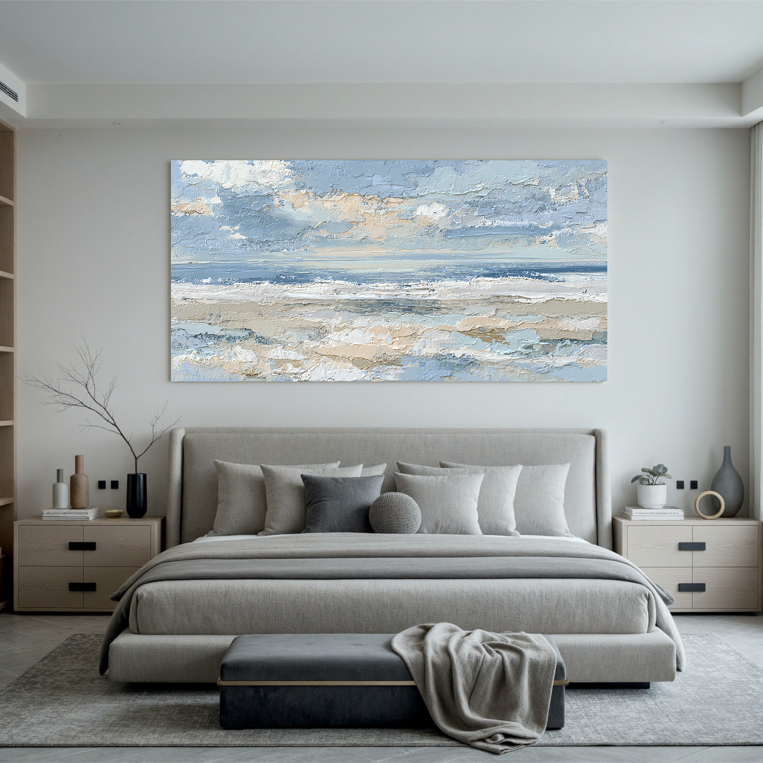 Large Coastal Seascape Canvas Wall Art – Blue Ocean Waves & Sky Painting for Modern Living Room Decor#OA 0843