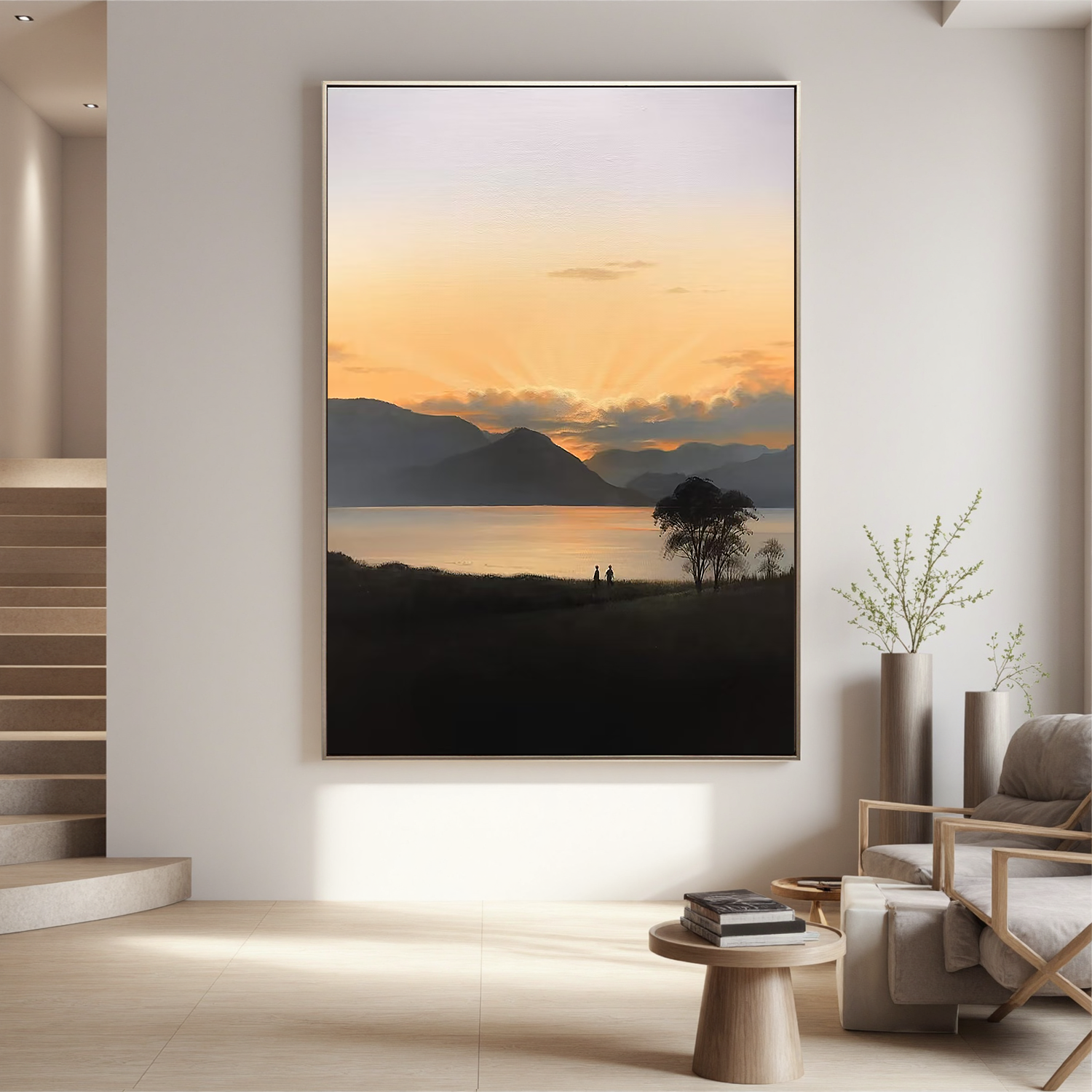 Golden Sunset Lake Landscape Wall Art – Serene Mountain Oil Painting Canvas for Modern Minimalist Home Decor #OA 0771