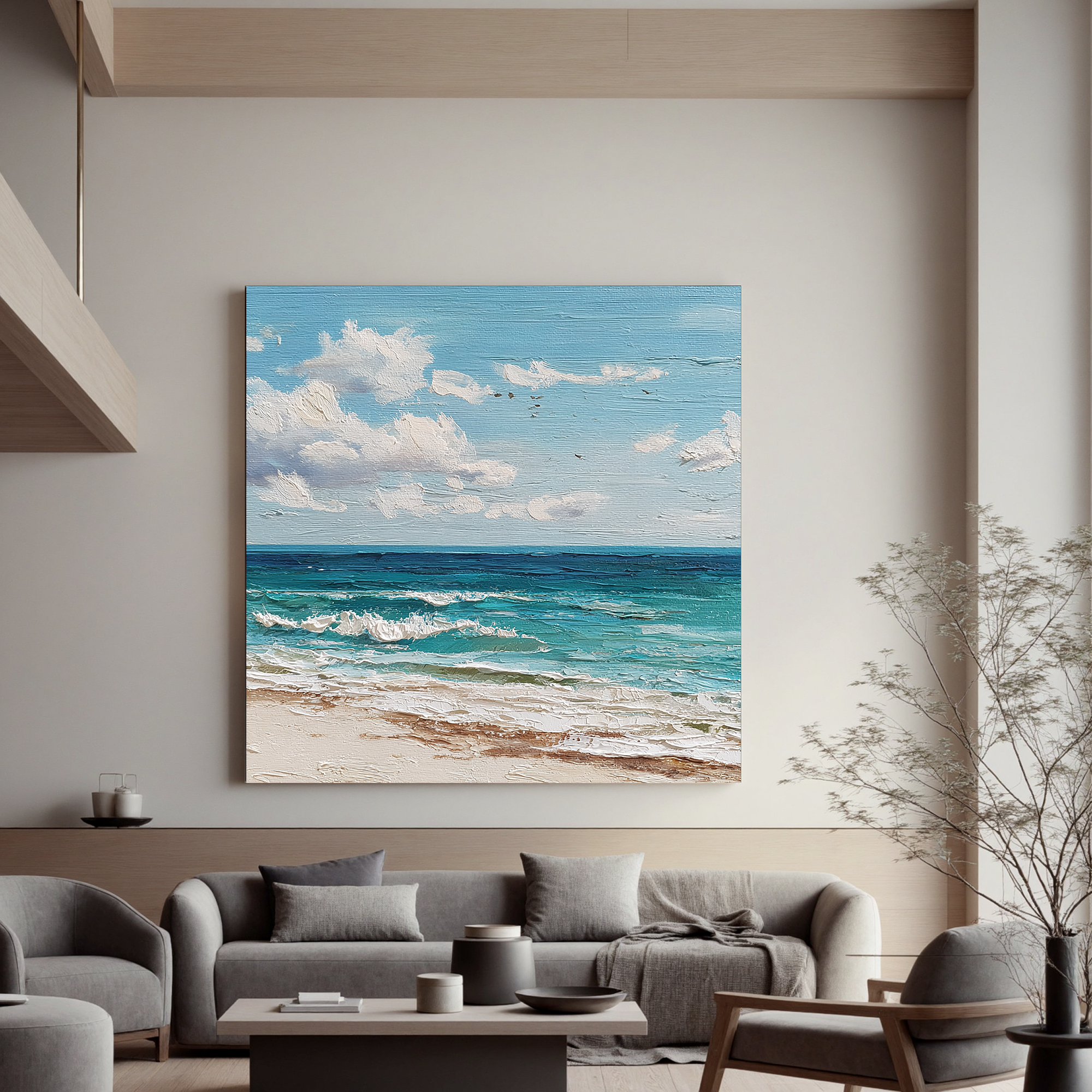 Large Coastal Beach Wall Art – Ocean Seascape Canvas Painting for Modern Living Room Decor#OA 0832