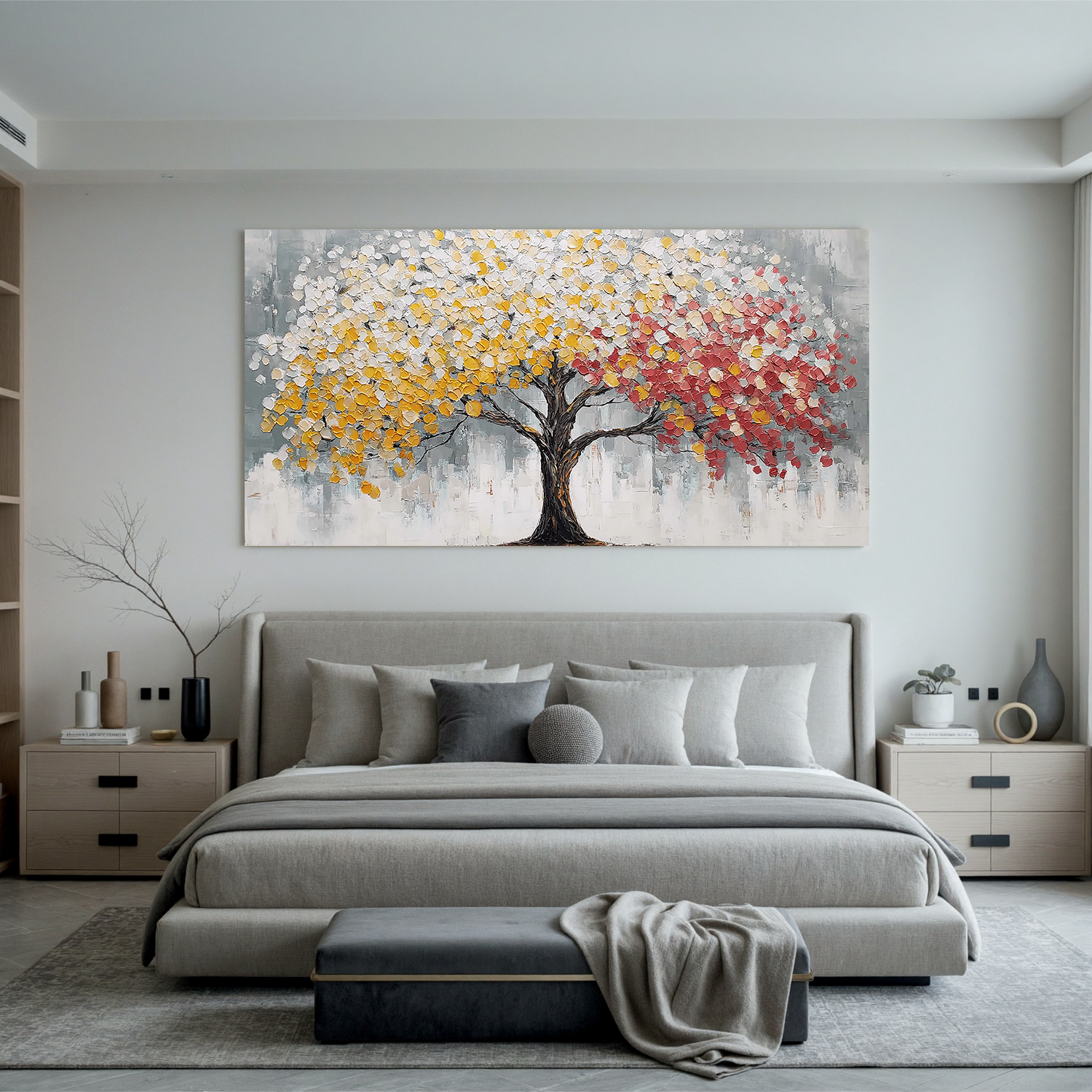 Dual Color Tree of Life Canvas Wall Art – Abstract Yellow and Red Textured Painting for Living Room#OA 0855