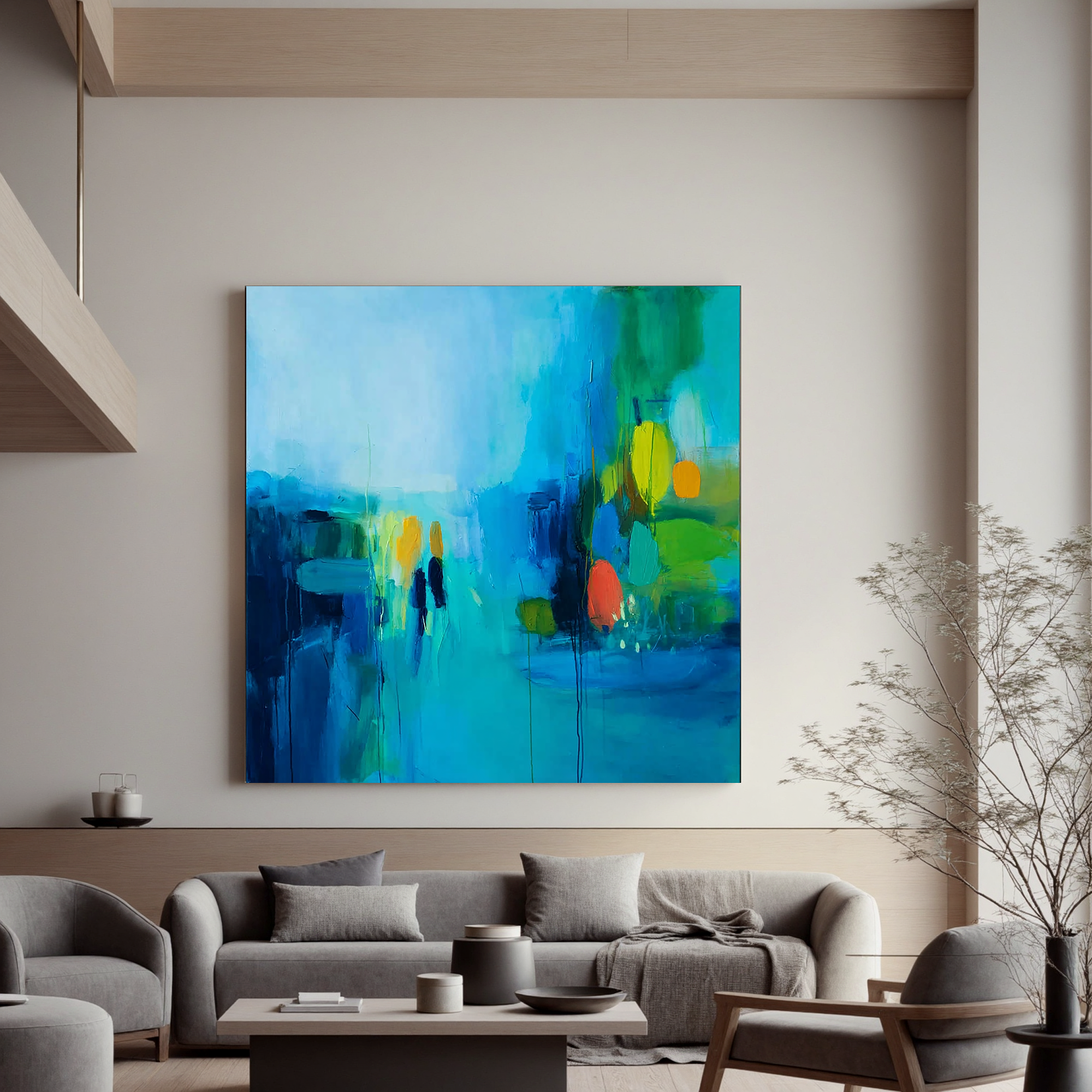 Abstract Blue Cityscape Oil Painting Canvas – Modern Figurative Wall Art for Living Room Contemporary Home Decor#OA 0500