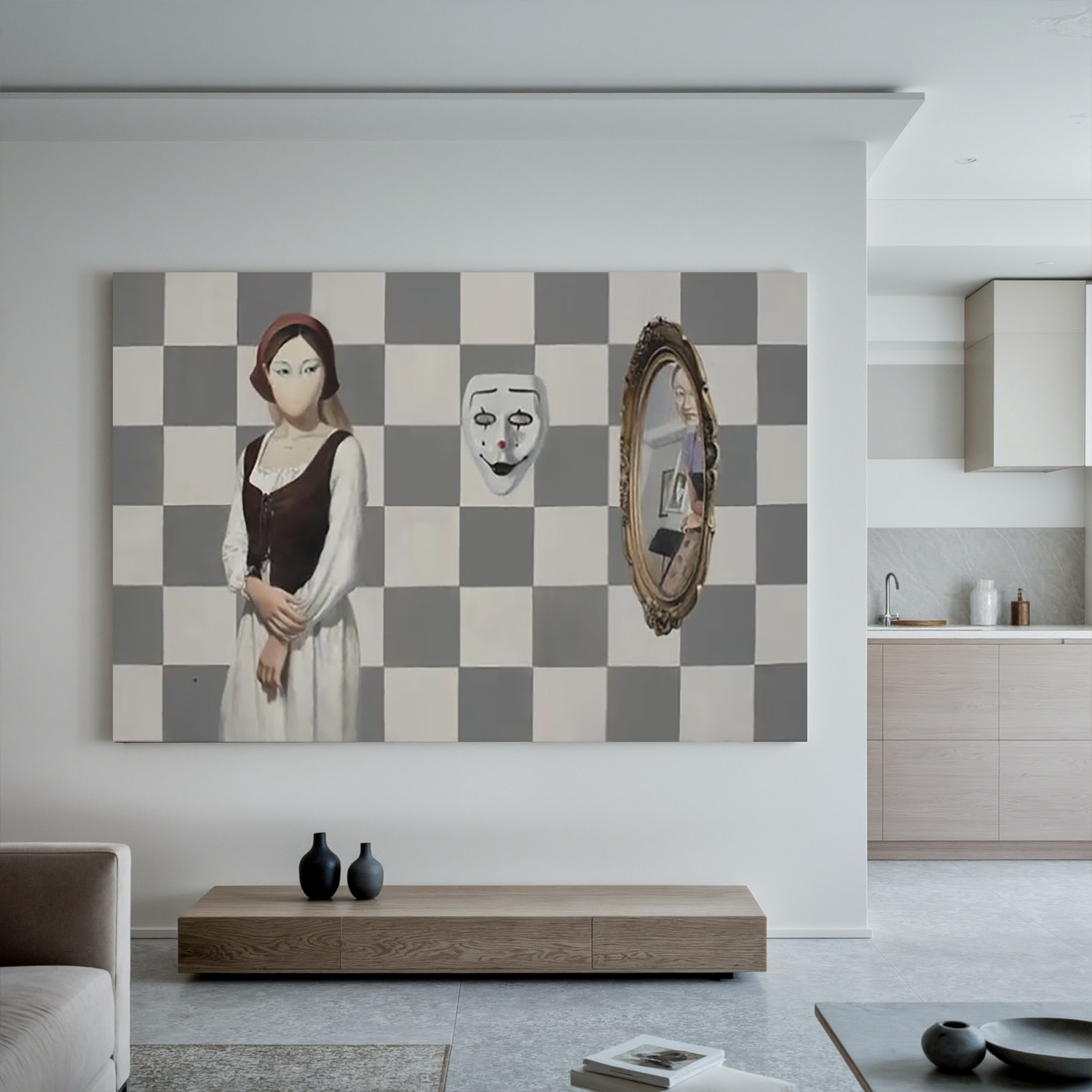 Girl, Mask and Mirror-Surreal Girl Mask Mirror Wall Art