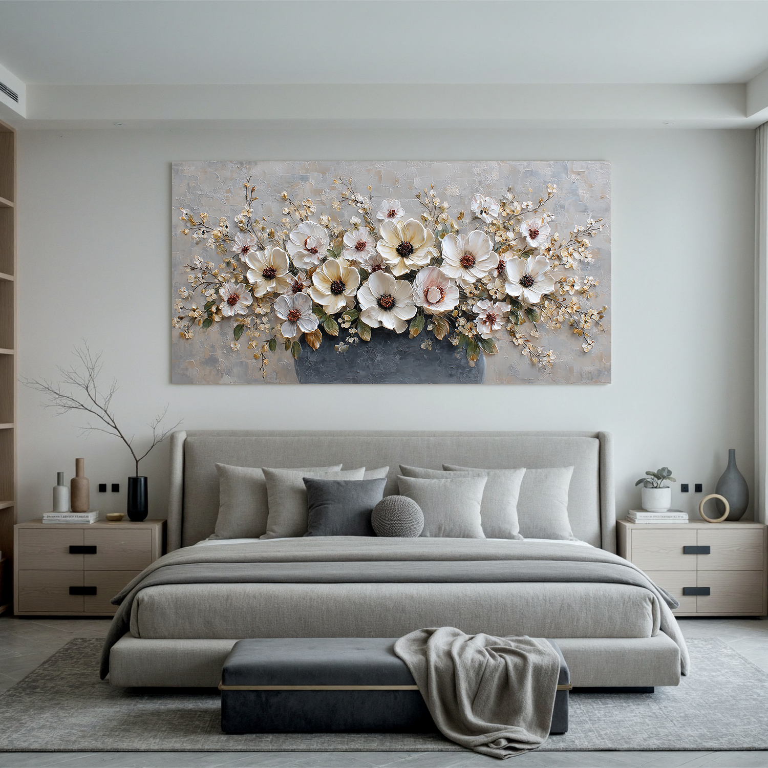 Large Floral Canvas Wall Art – Elegant White Flower Bouquet Painting in Vase for Living Room Decor#OA 0845