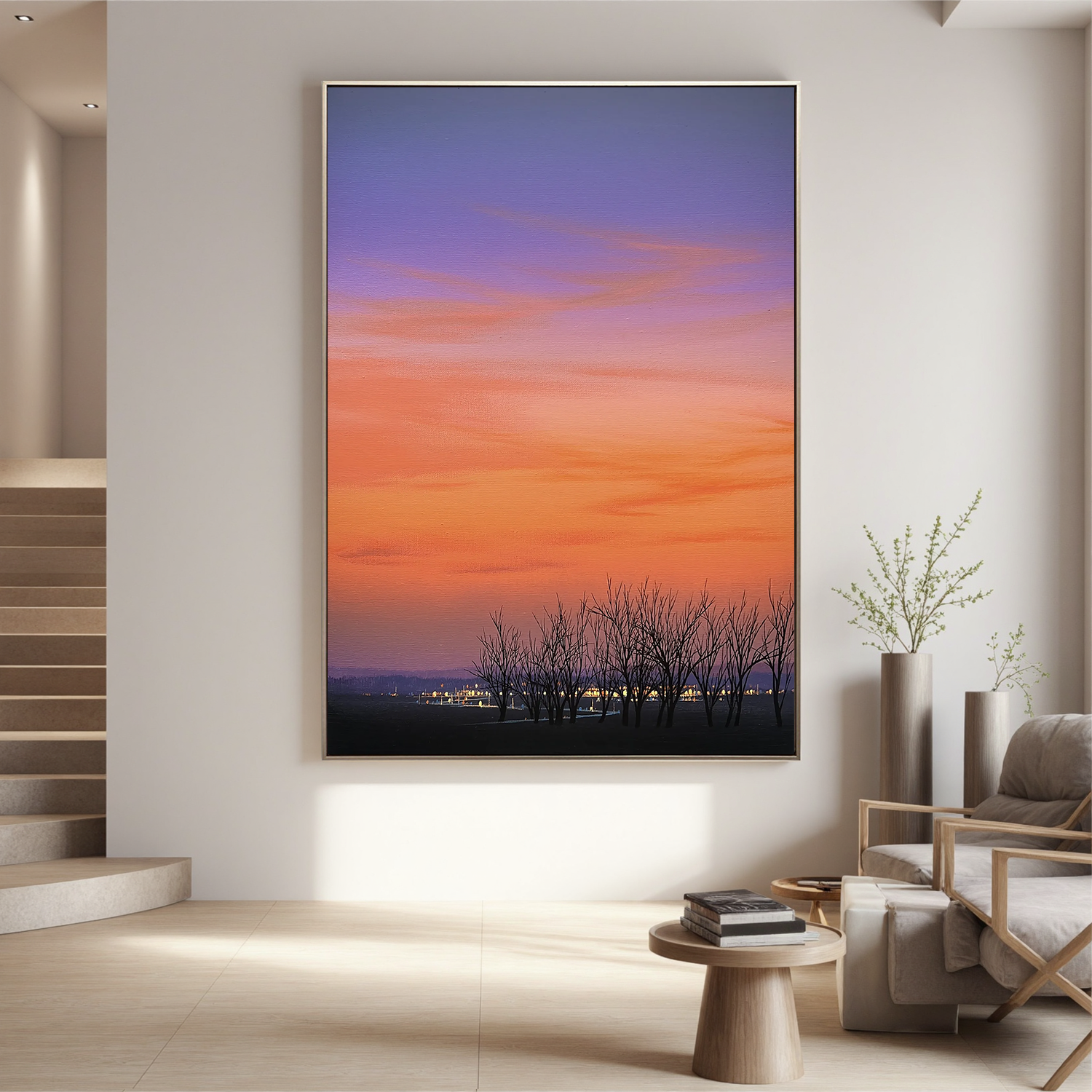 Sunset Sky with Bare Trees and Distant City Lights Wall Art, Serene Landscape Canvas for Living Room Decor #OA 0755