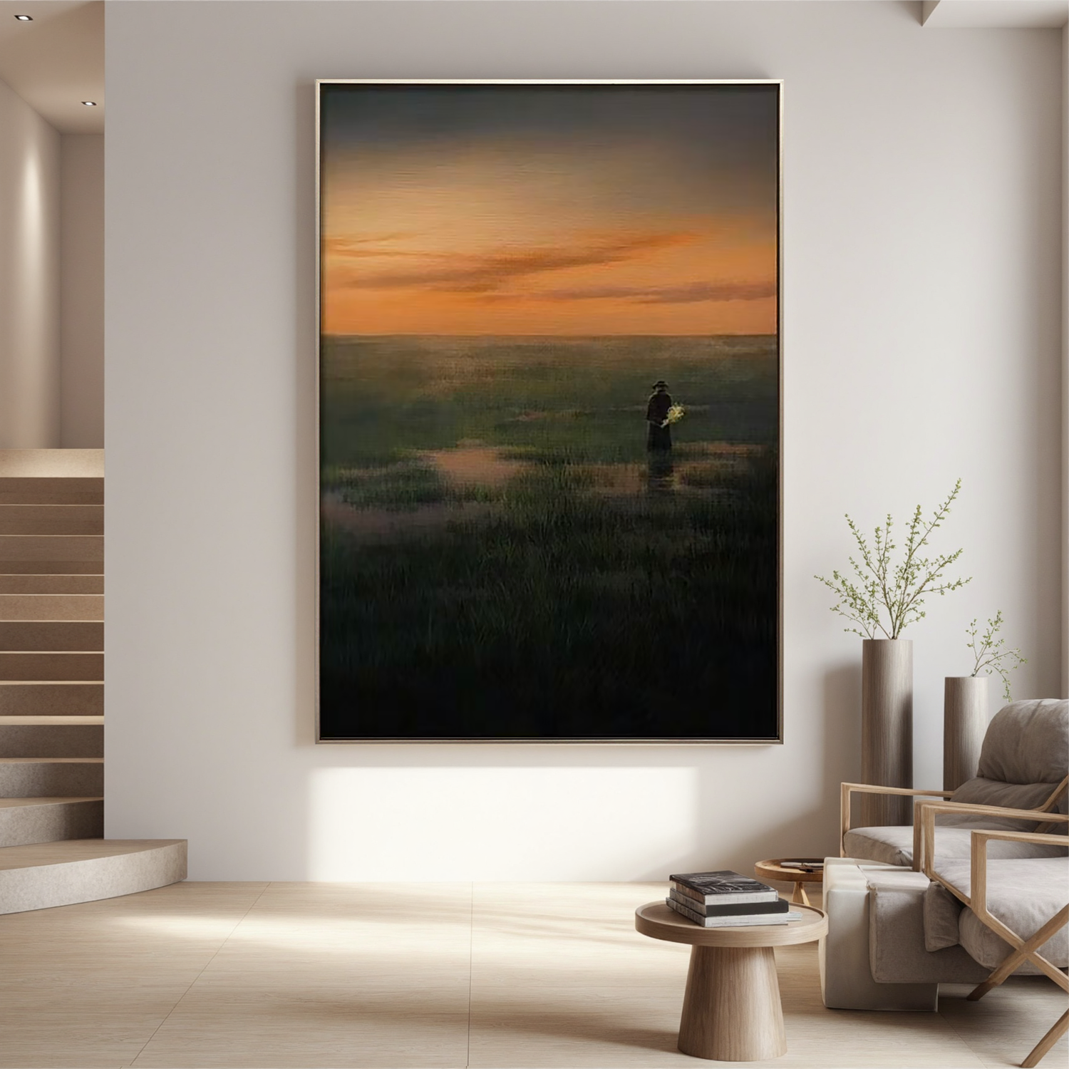 Solitary Figure at Sunset Wall Art, Serene Wetland Landscape Canvas Painting for Living Room Decor #OA 0729