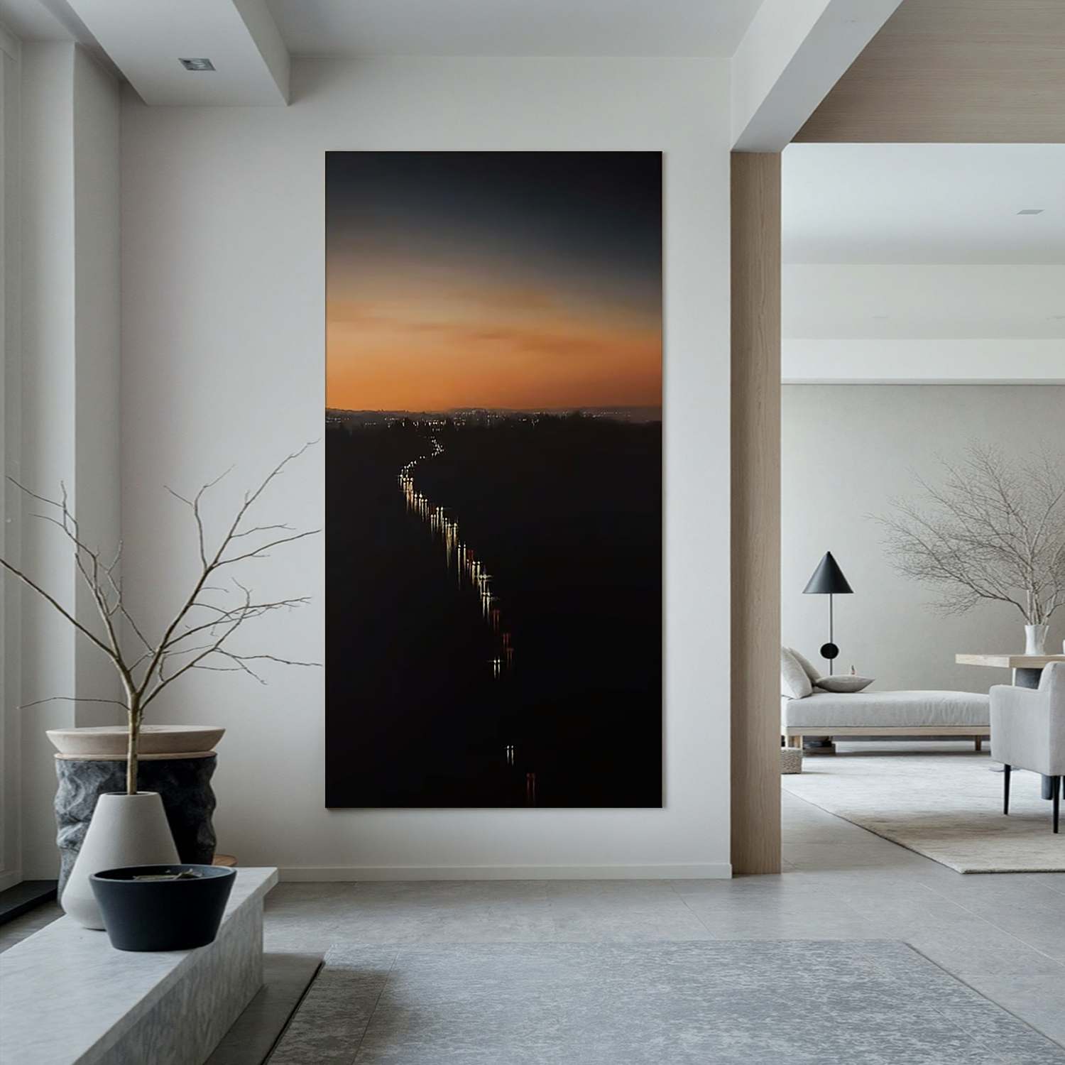 Sunset Cityscape Wall Art, Vertical Twilight Skyline Canvas with Winding Highway Lights for Modern Living Room Decor #OA 0727