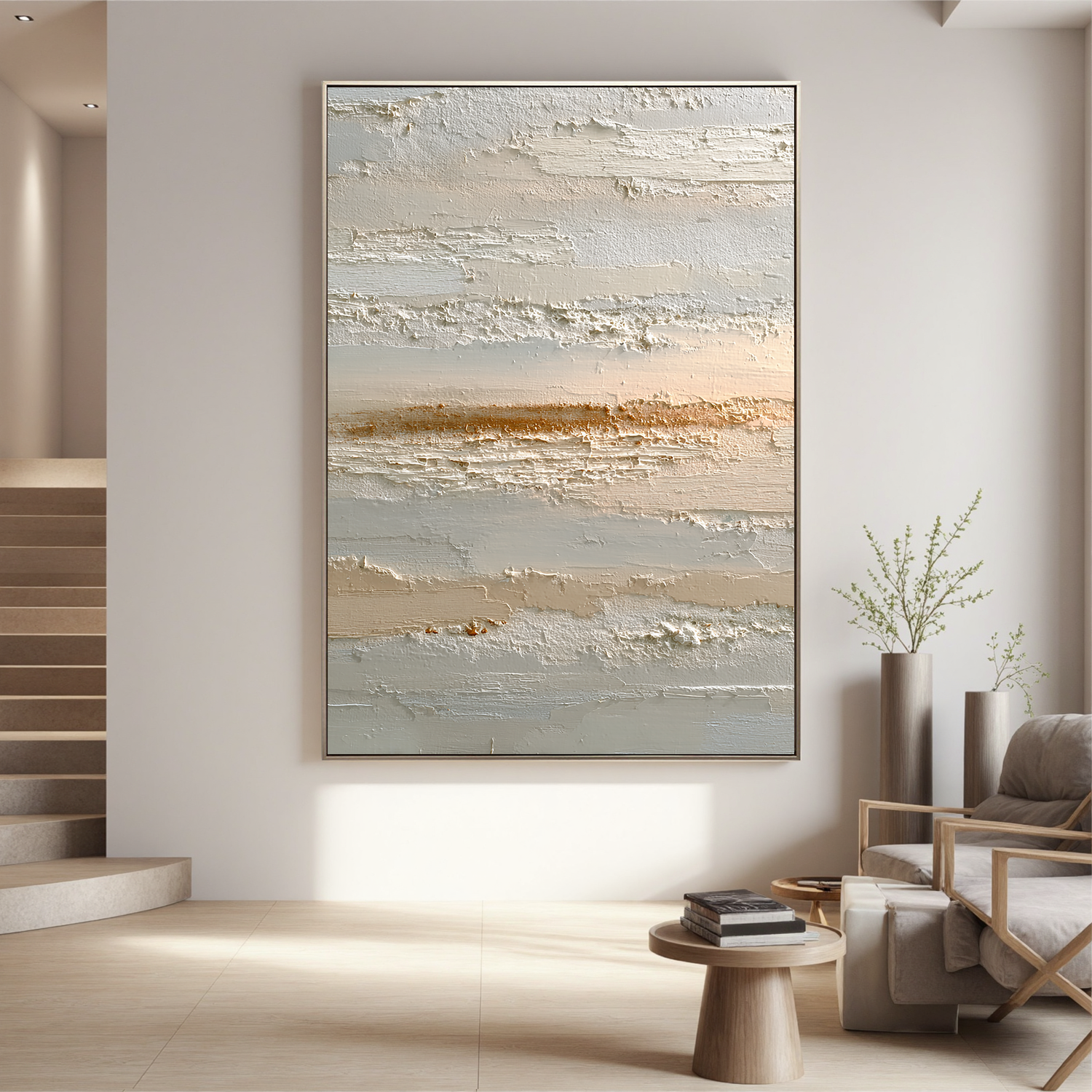 Minimalist Neutral Abstract Canvas Wall Art – Textured Beige Coastal Landscape Painting for Modern Living Room Decor#OA 0860