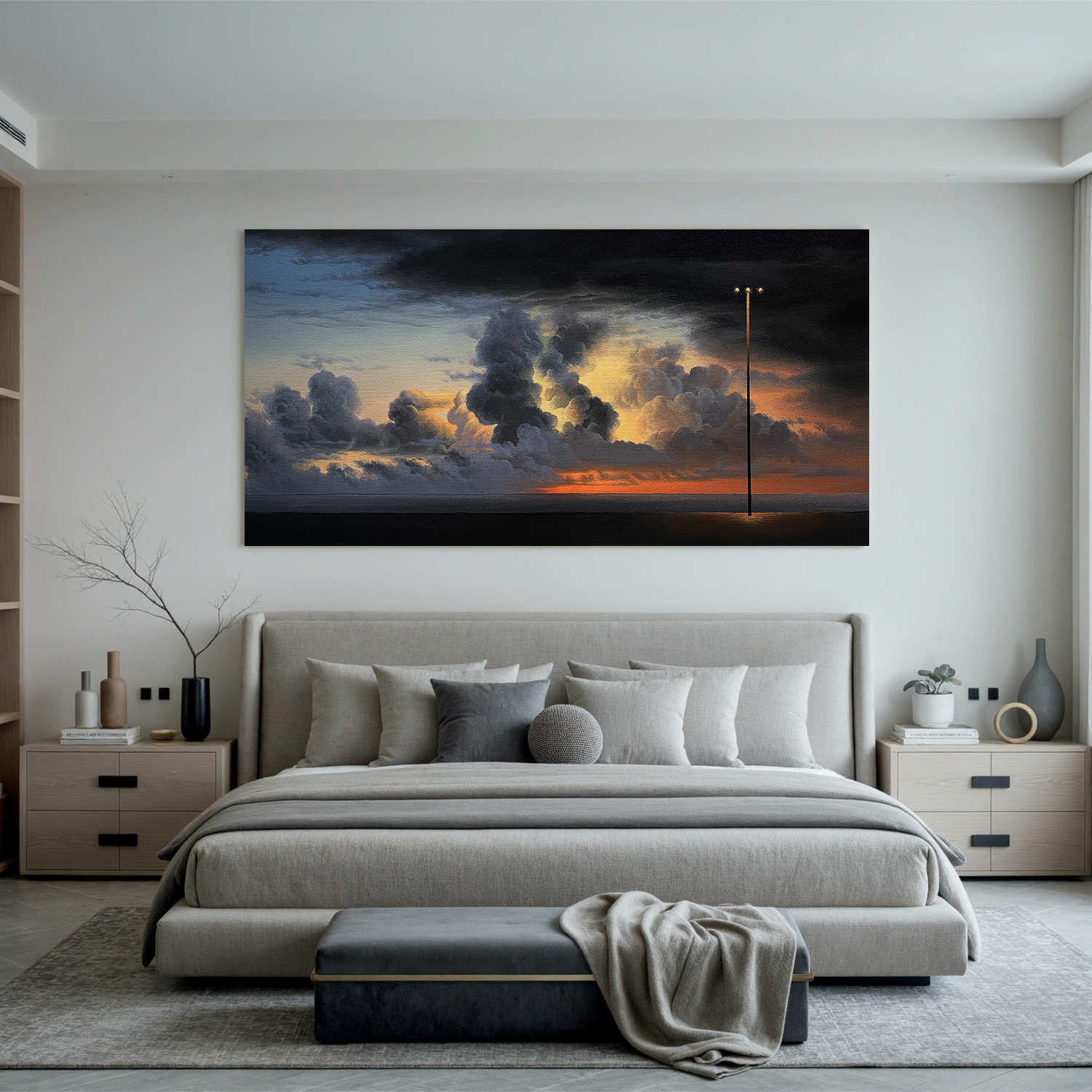 Dramatic Sunset Seascape Wall Art with Lone Streetlight, Panoramic Moody Cloud Landscape Canvas for Living Room Decor #OA 0734