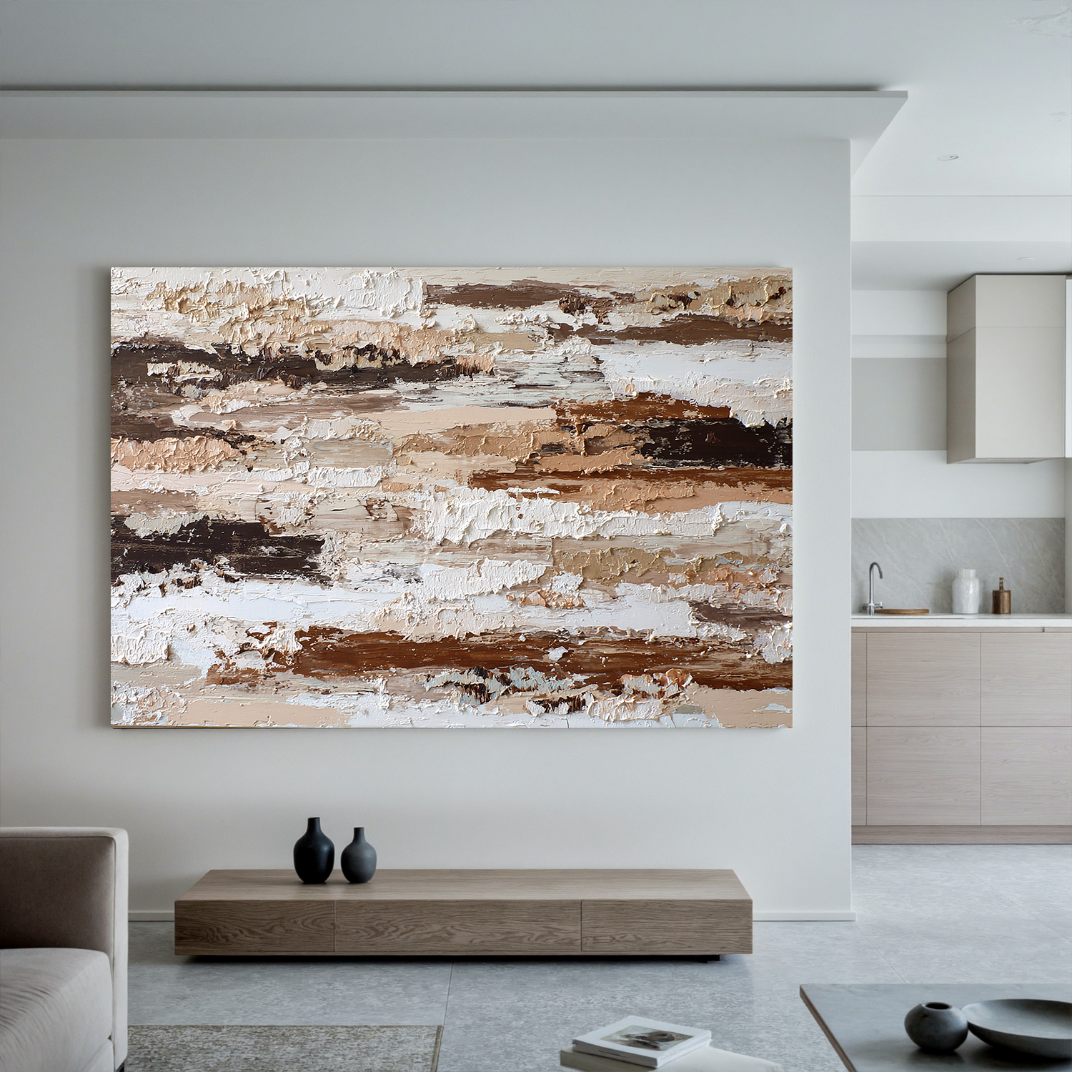 Large Horizontal Neutral Textured Wall Art – Brown and Beige Abstract Canvas for Modern Living Room Decor#OA 827