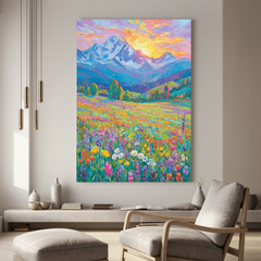 Colorful Wildflower Mountain Oil Painting, Textured Alpine Landscape Wall Art for Living Room Decor#OA 0542