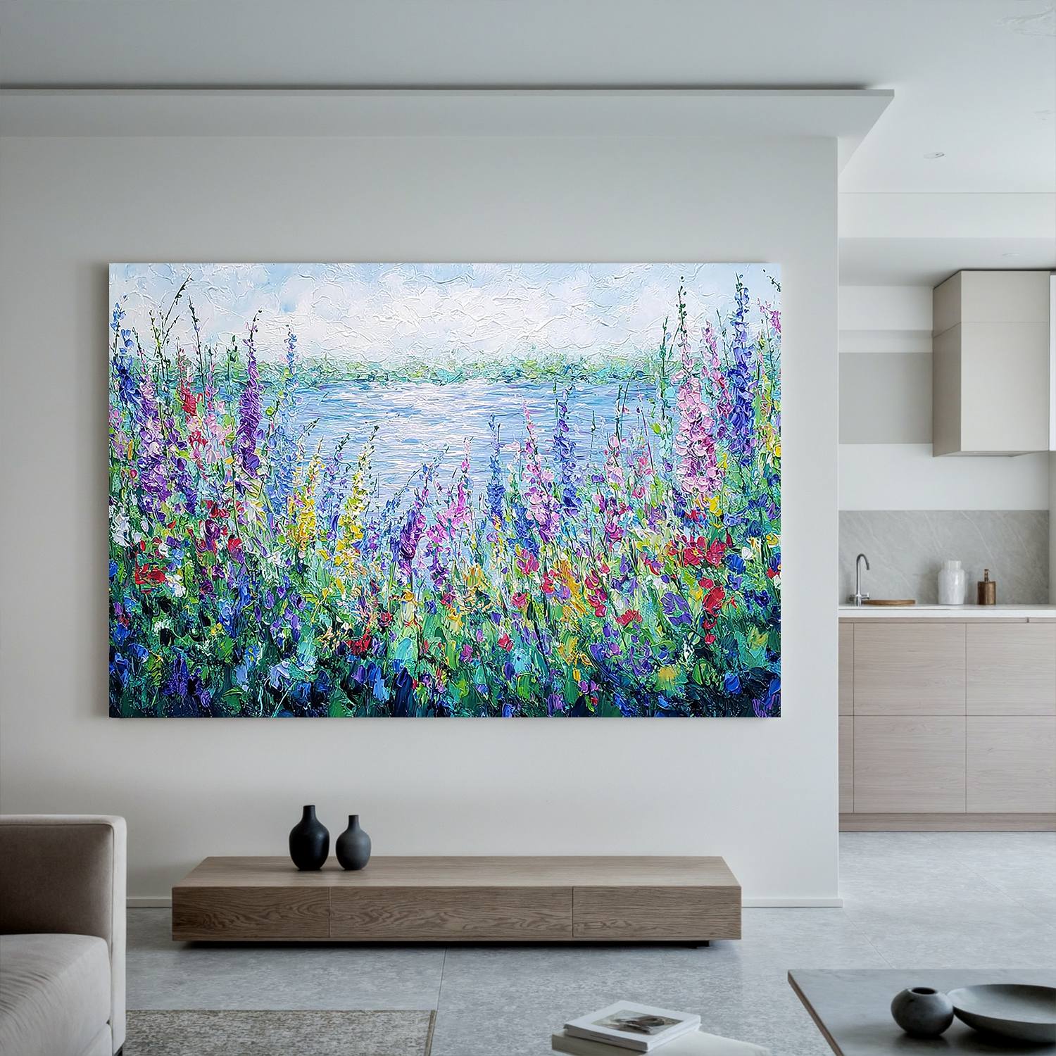 Colorful Wildflower Lake Wall Art, Textured Garden Landscape Canvas Painting for Living Room Décor #OA 0407