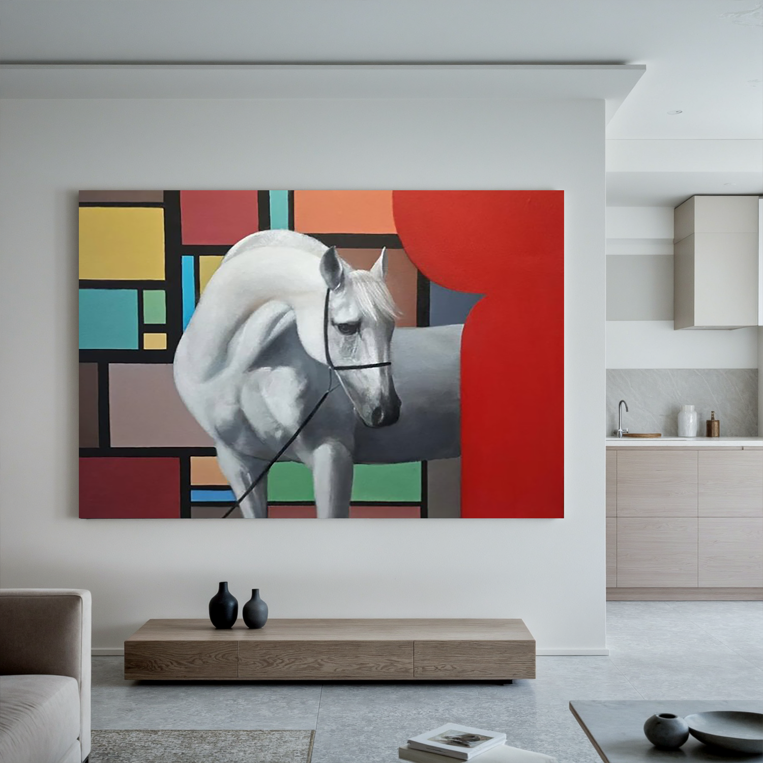 White Horse and Color Blocks-Modern White Horse Abstract Wall Art