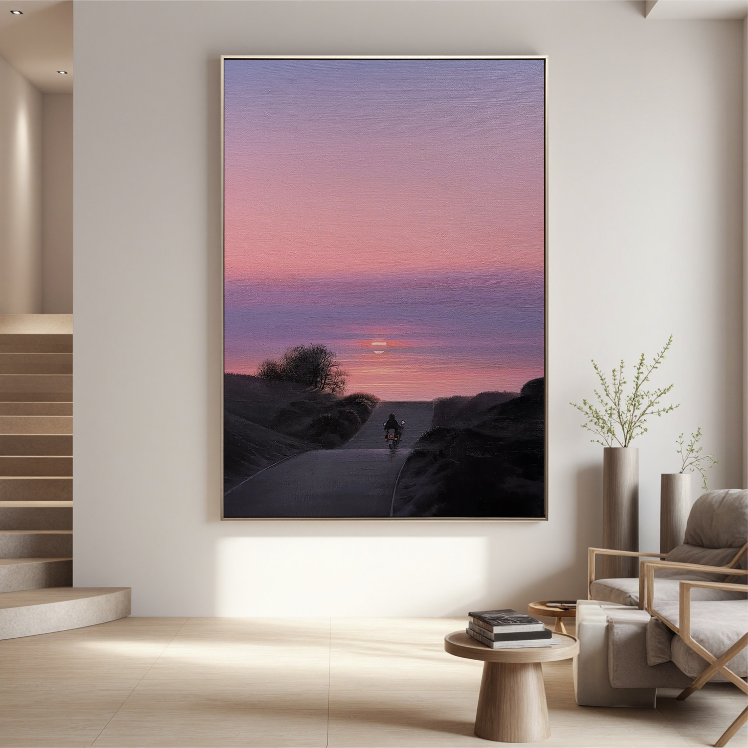 Sunset Motorcycle Road Wall Art, Romantic Pink and Purple Sky Landscape Canvas for Living Room Decor #OA 0741