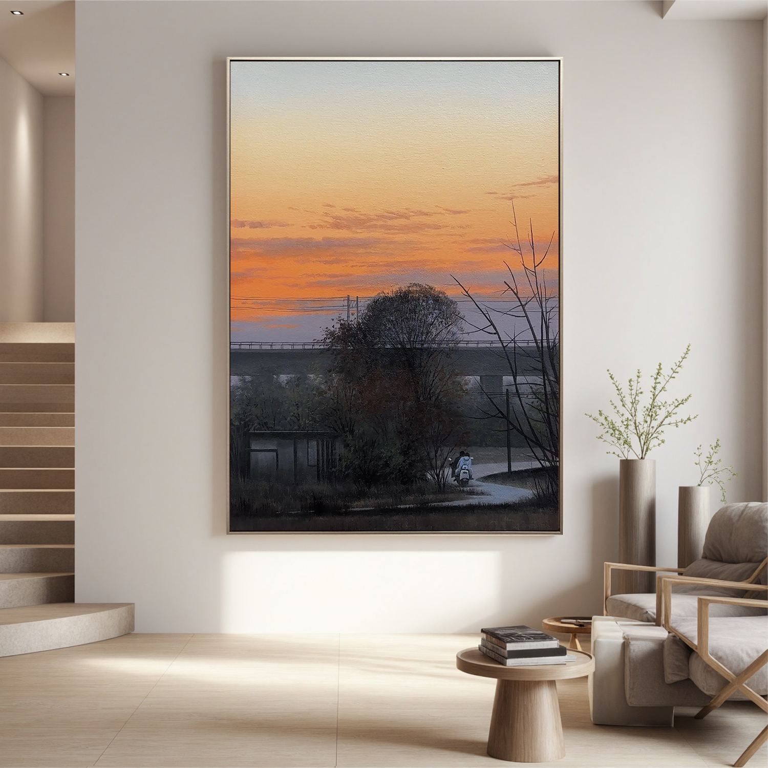 Countryside Sunset Landscape Wall Art with Bridge and Figure, Serene Nature Canvas Painting for Living Room Decor #OA 0757