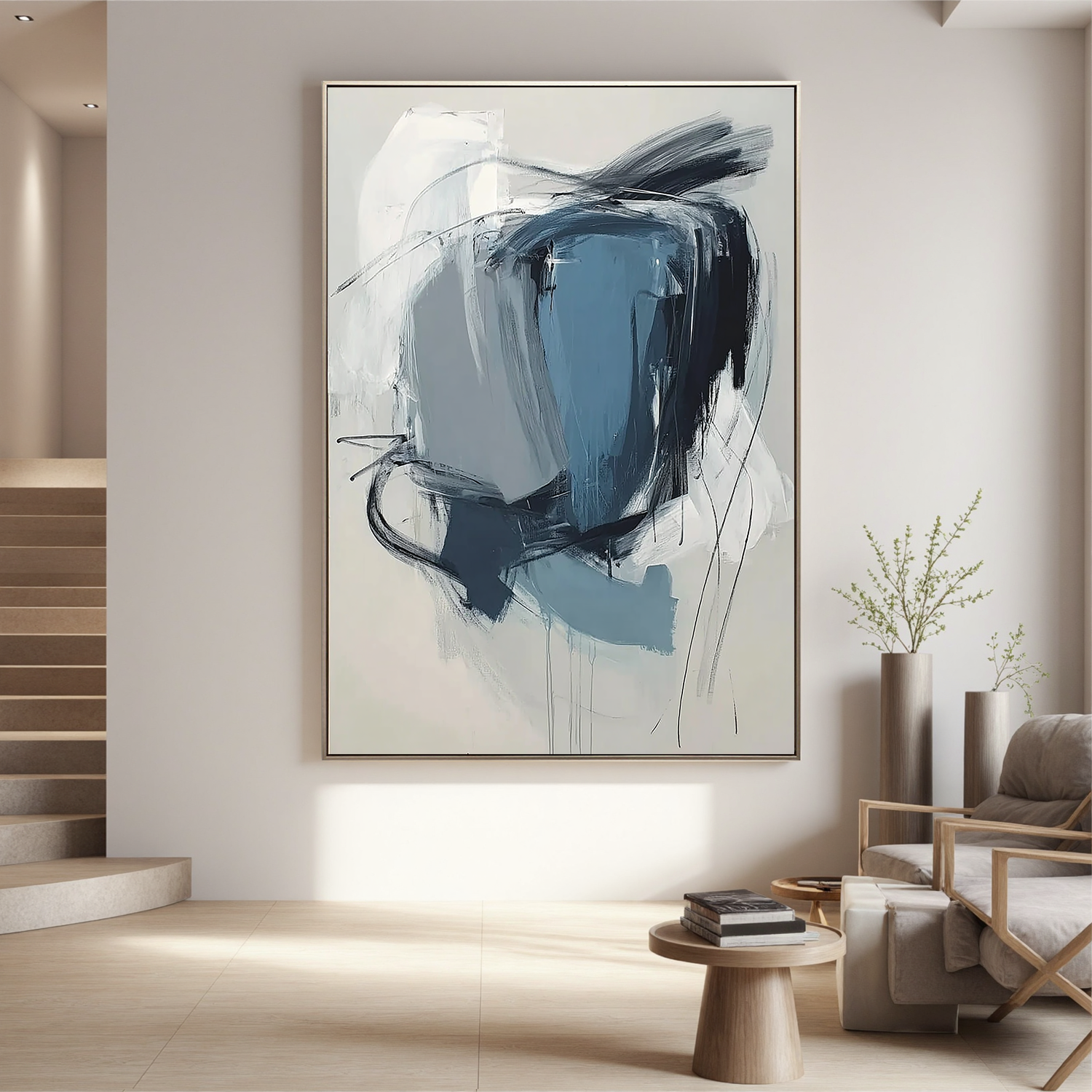 Blue Gray Abstract Oil Painting, Modern Minimalist Wall Art for Living Room Decor #OA 0594