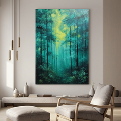 Misty Forest Oil Painting, Green Woodland Landscape Wall Art for Living Room Decor#OA 0592