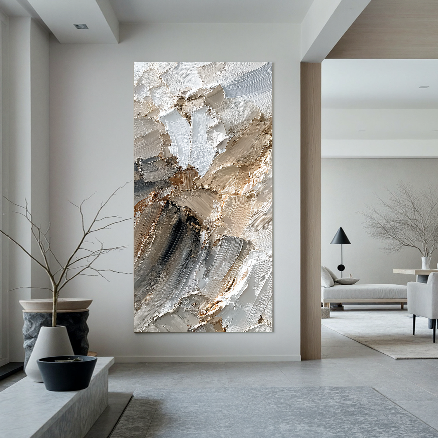 Neutral Textured Abstract Canvas Wall Art – Thick Impasto Painting in Beige Grey for Modern Home Decor#OA 0878