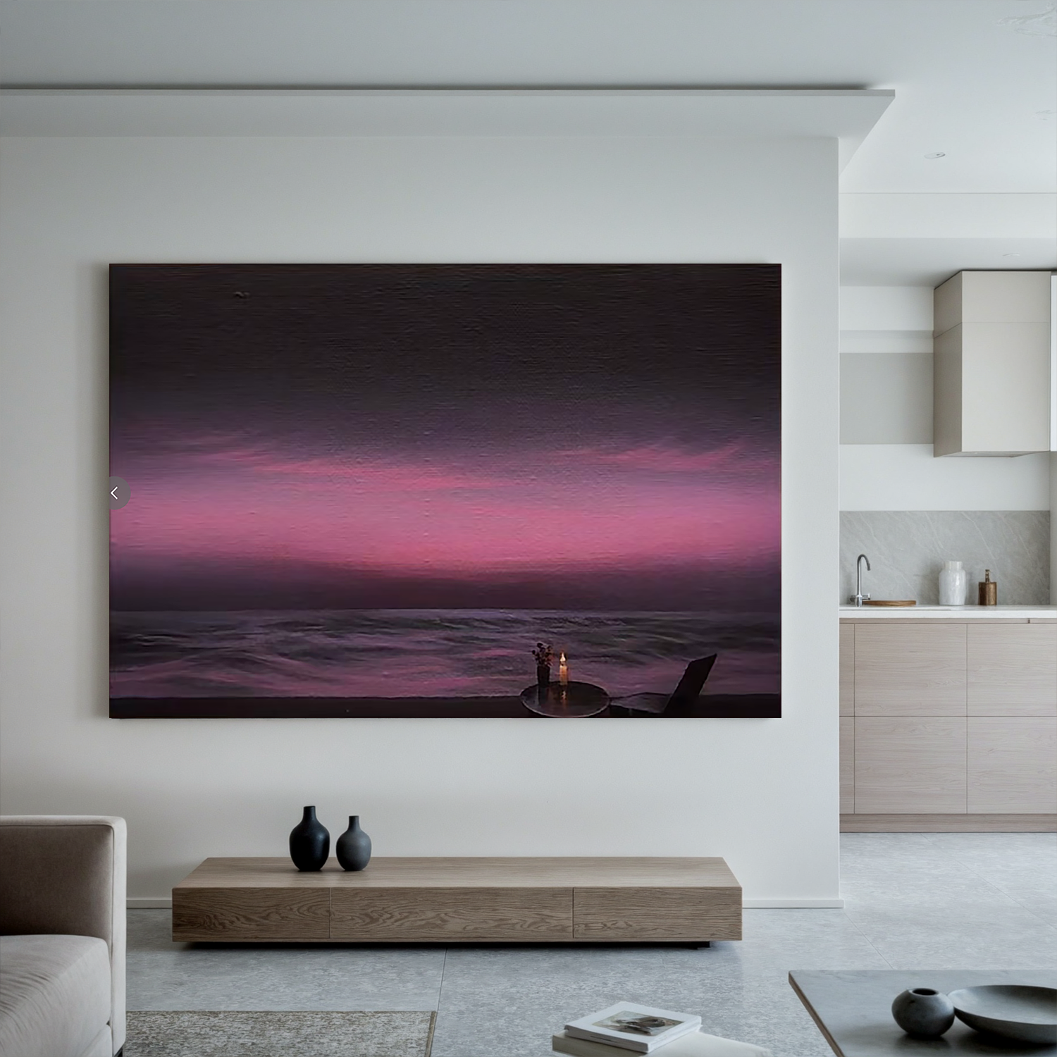 Romantic Purple Sunset Seascape Wall Art, Candlelit Ocean View Canvas Painting for Living Room Decor #OA 0732