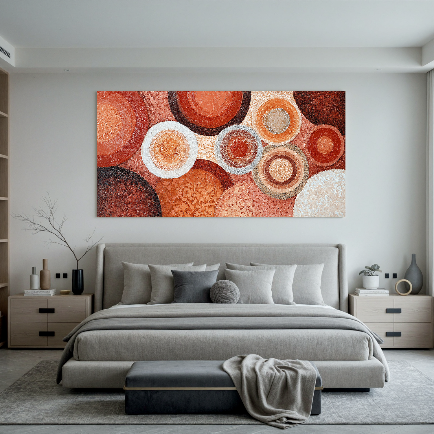 Large Abstract Circle Canvas Wall Art – Terracotta Boho Textured Painting for Modern Living Room Decor#OA 0838