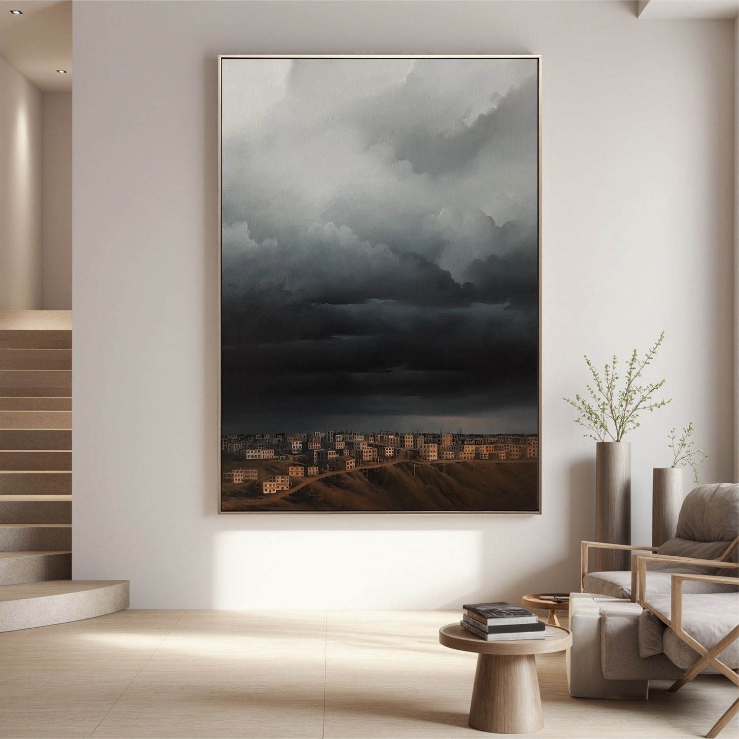 Dramatic Storm Clouds Over City Wall Art, Moody Urban Landscape Canvas Painting for Living Room Decor #OA 0760