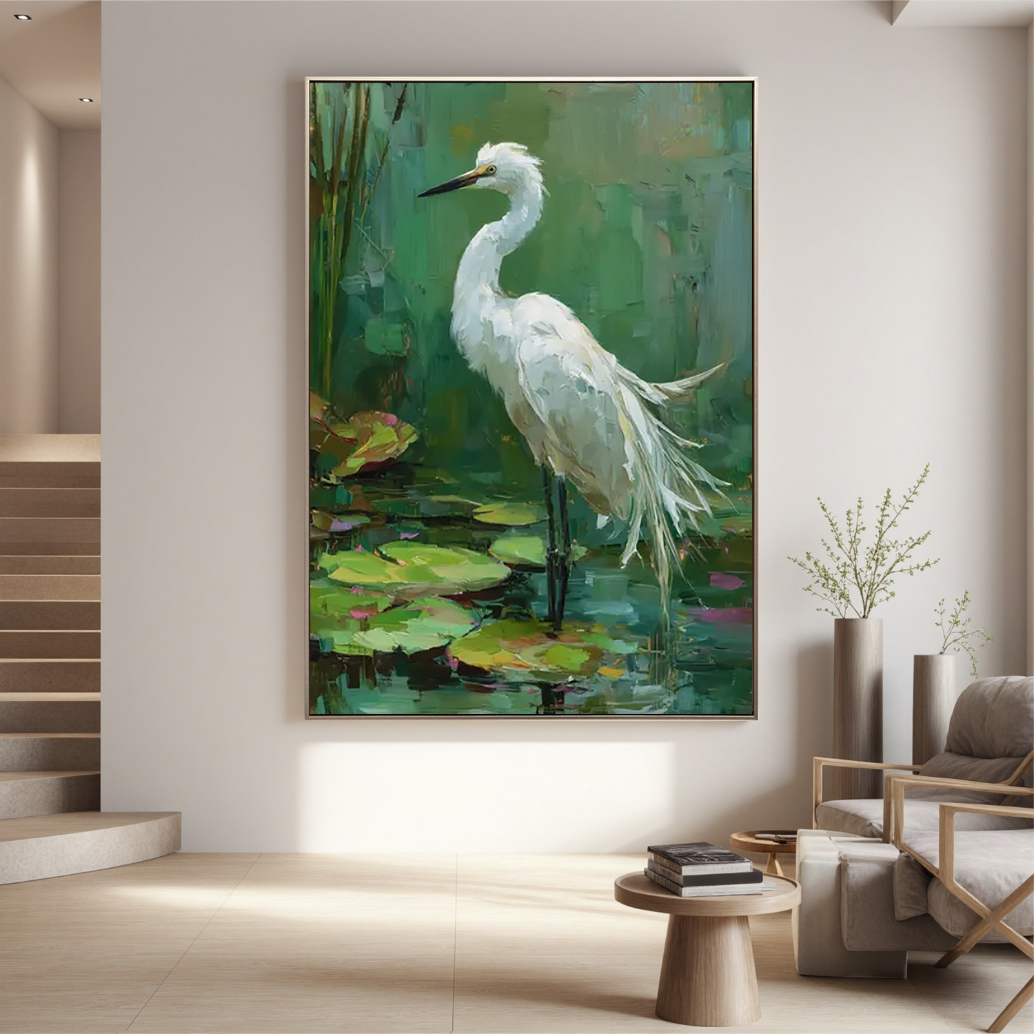 White Egret Bird Wall Art – Impressionist Nature Wildlife Canvas Painting for Living Room Decor