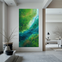 Green and Blue Abstract Oil Painting, Textured Nature Wall Art for Living Room Decor #OA 0599