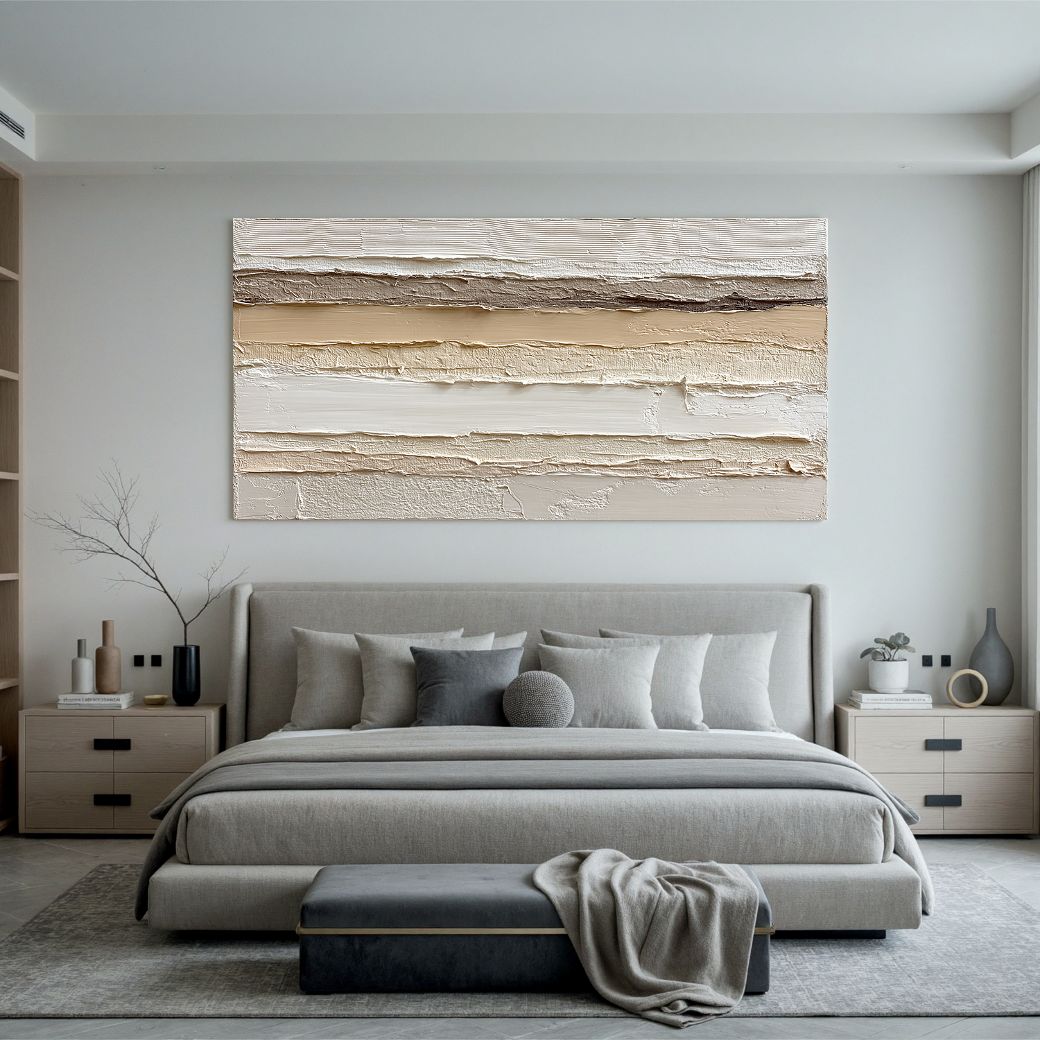 Large Horizontal Neutral Textured Wall Art – Beige Minimalist Abstract Canvas for Modern Living Room Decor#OA 0823
