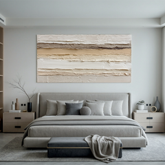 Large Horizontal Neutral Textured Wall Art – Beige Minimalist Abstract Canvas for Modern Living Room Decor#OA 0823