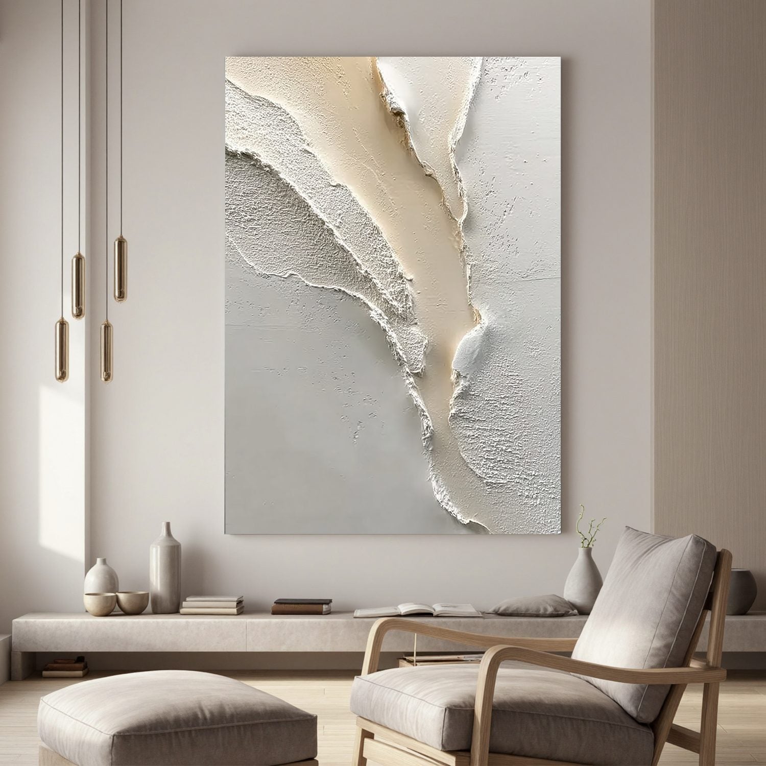 Neutral Textured Abstract Wall Art, White Beige 3D Canvas Painting for Modern Living Room Décor #OA 0009