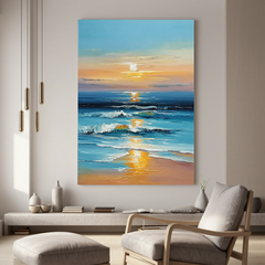 Sunset Ocean Oil Painting, Coastal Seascape Wall Art for Living Room Decor#OA 0573