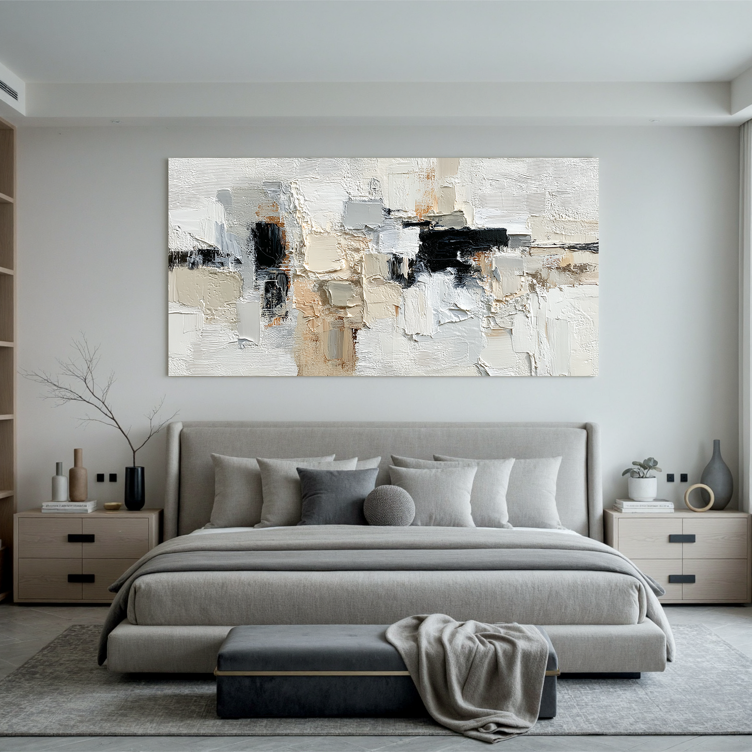 Large Neutral Abstract Canvas Wall Art – Textured Black White Beige Painting for Modern Living Room Decor#OA 0872