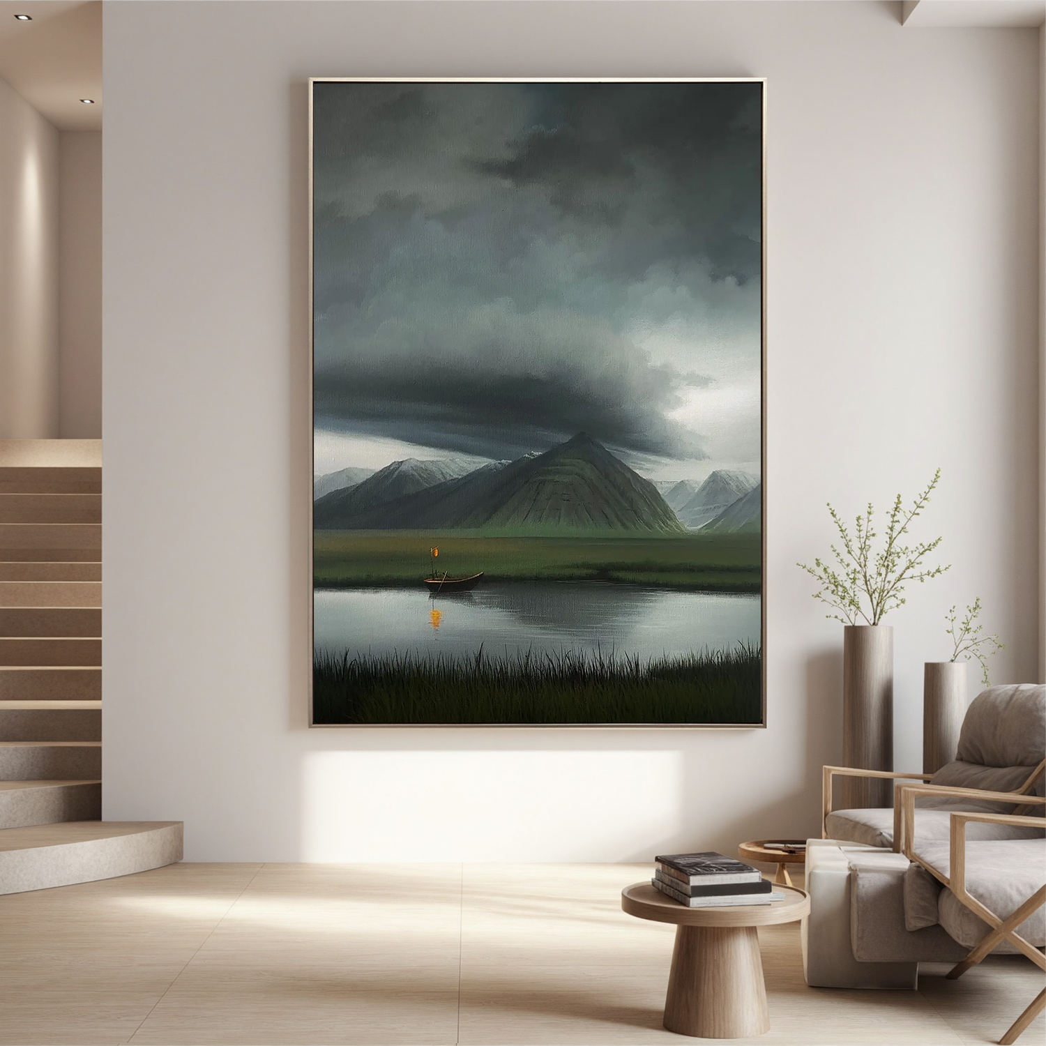 Moody Mountain Lake Wall Art with Boat and Lantern, Dramatic Storm Cloud Landscape Canvas for Living Room Decor #OA 0747
