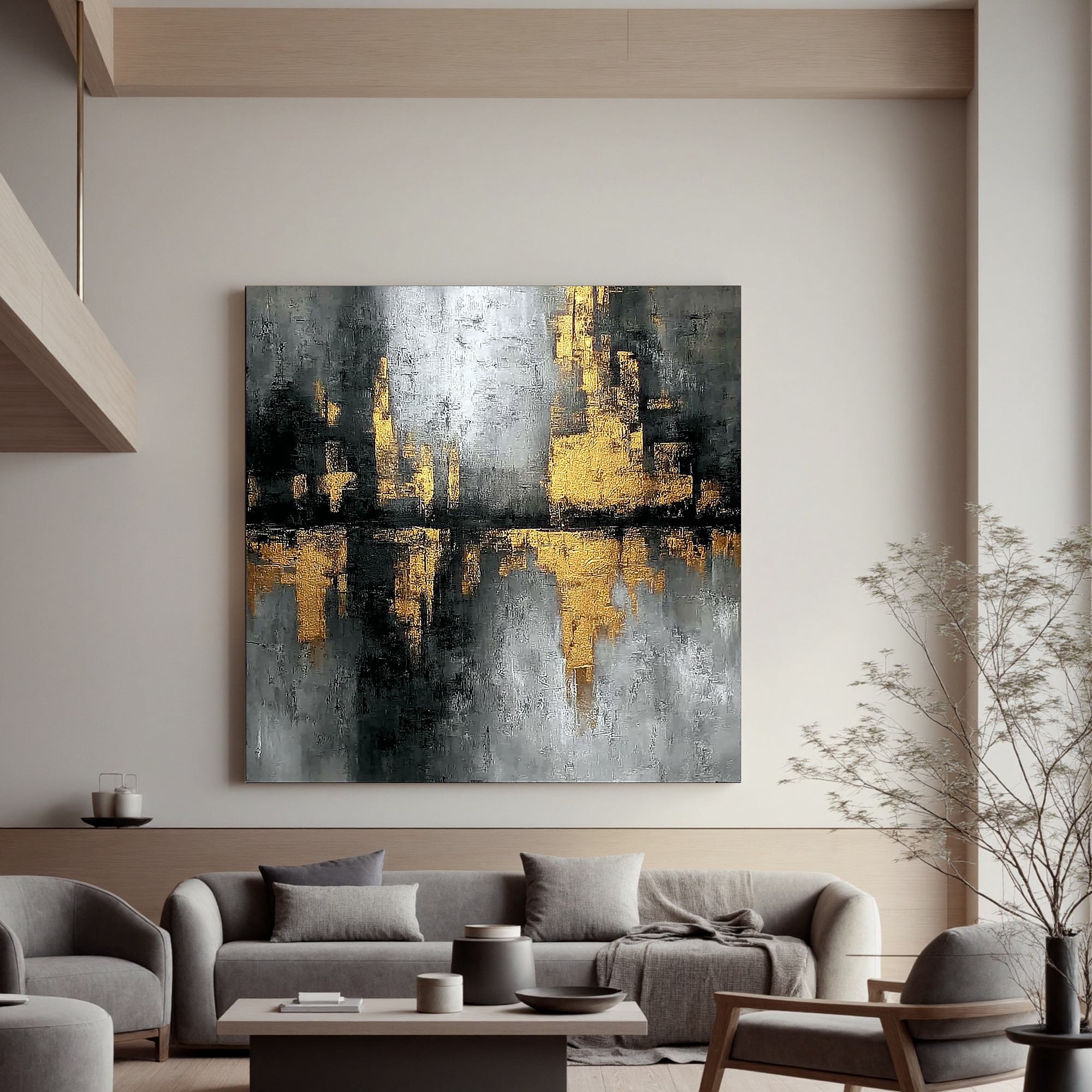 Black and Gold Abstract Cityscape Wall Art, Luxury Textured Canvas Painting for Modern Living Room Décor #OA 0410